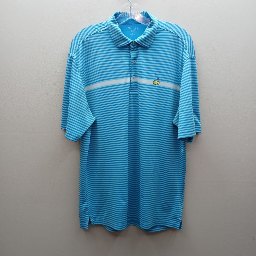 Masters Tech Men's Short Sleeve Striped Golf Logo Polo Shirt Blue Size Large